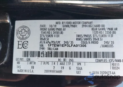 2020 Ford F-150 Xlt из США, поврежденный, VIN 1FTEW1EP3LFA01306